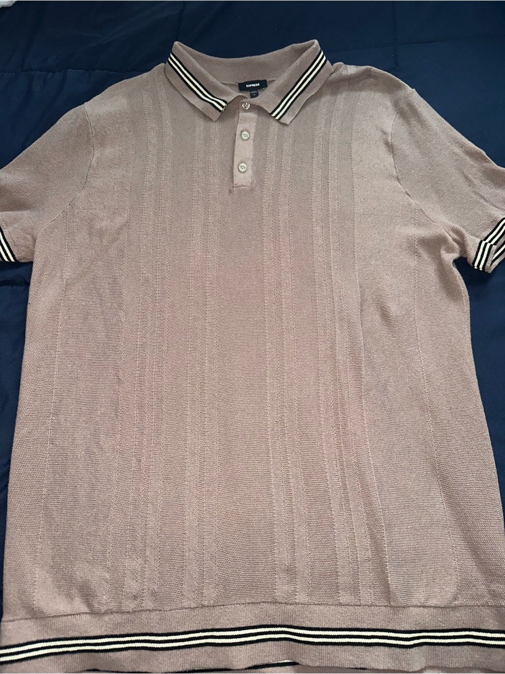 Express Men's Knit Polo in Light Taupe with Black & White Trim